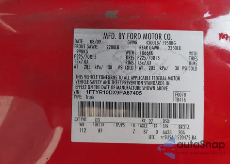 2009 Ford Ranger Sport/Xl/Xlt z USA, uszkodzony, nr VIN 1FTYR10DX9PA67405